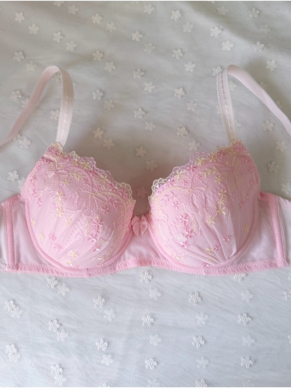 US-38A  Japanese Brand Cute Pink Flowers And Bow Embroidery Bra